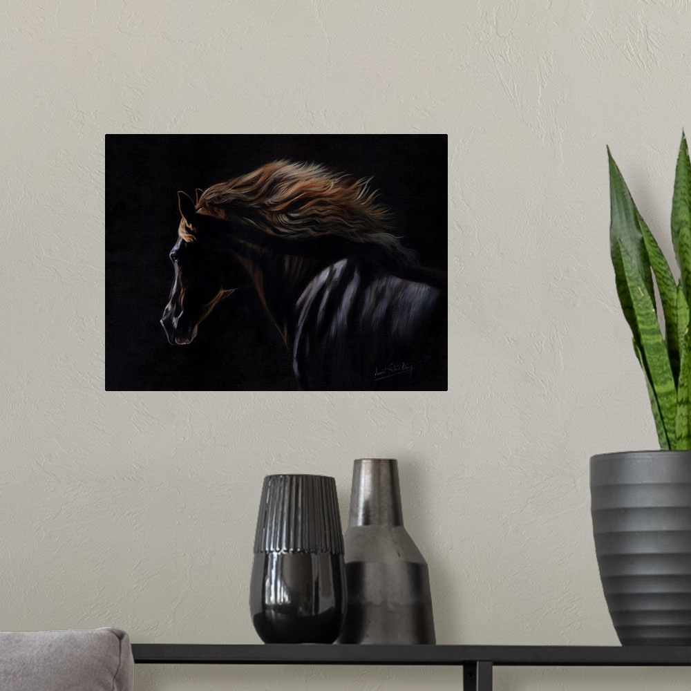 A modern room featuring Originally an oil painting on canvas of a Peruvian Paso Horse.
