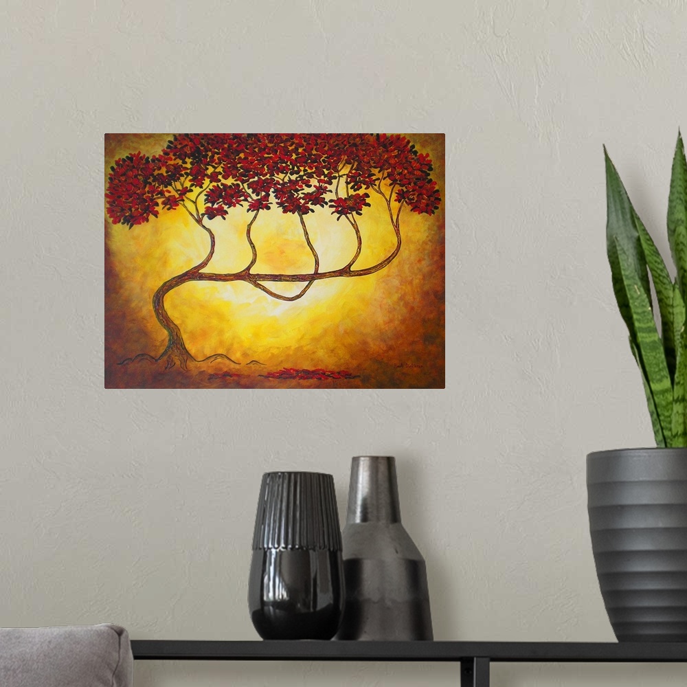 A modern room featuring Contemporary painting of a bending tree with long, thin branches filled with red leaves on a gold...