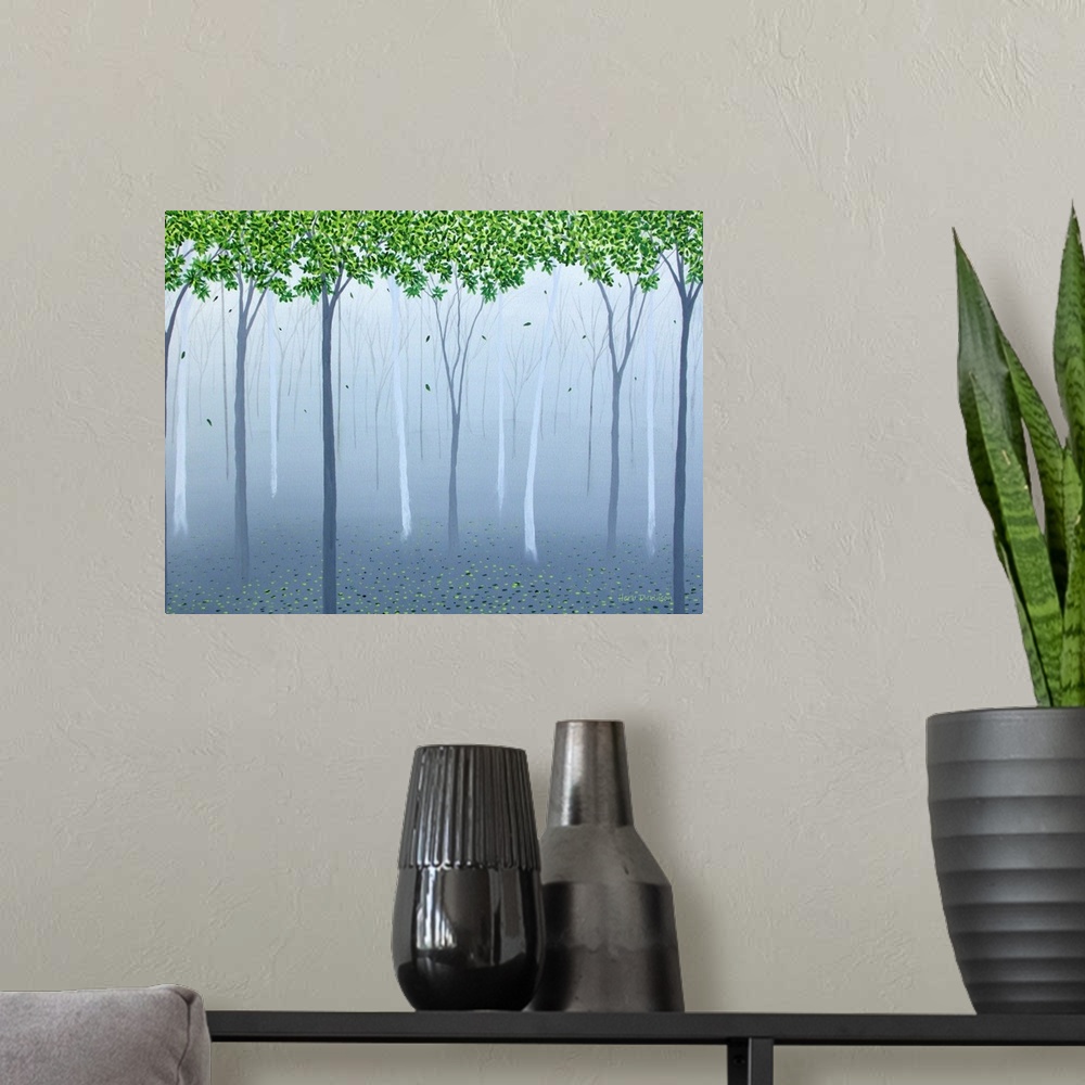 A modern room featuring Contemporary painting of a gray-blue forest with leaves in the tree tops and on the ground in sha...