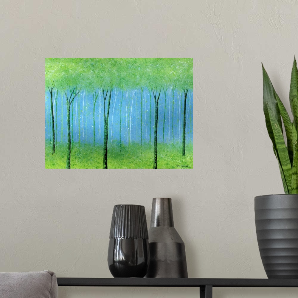 A modern room featuring Impressionist tree landscape painting in shades of green and blue.