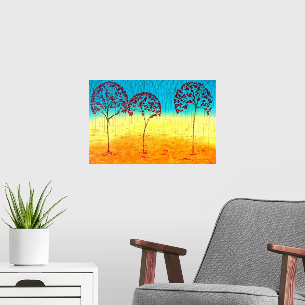 A modern room featuring Abstract landscape with red Autumn tree tops and an orange, yellow, and blue background.