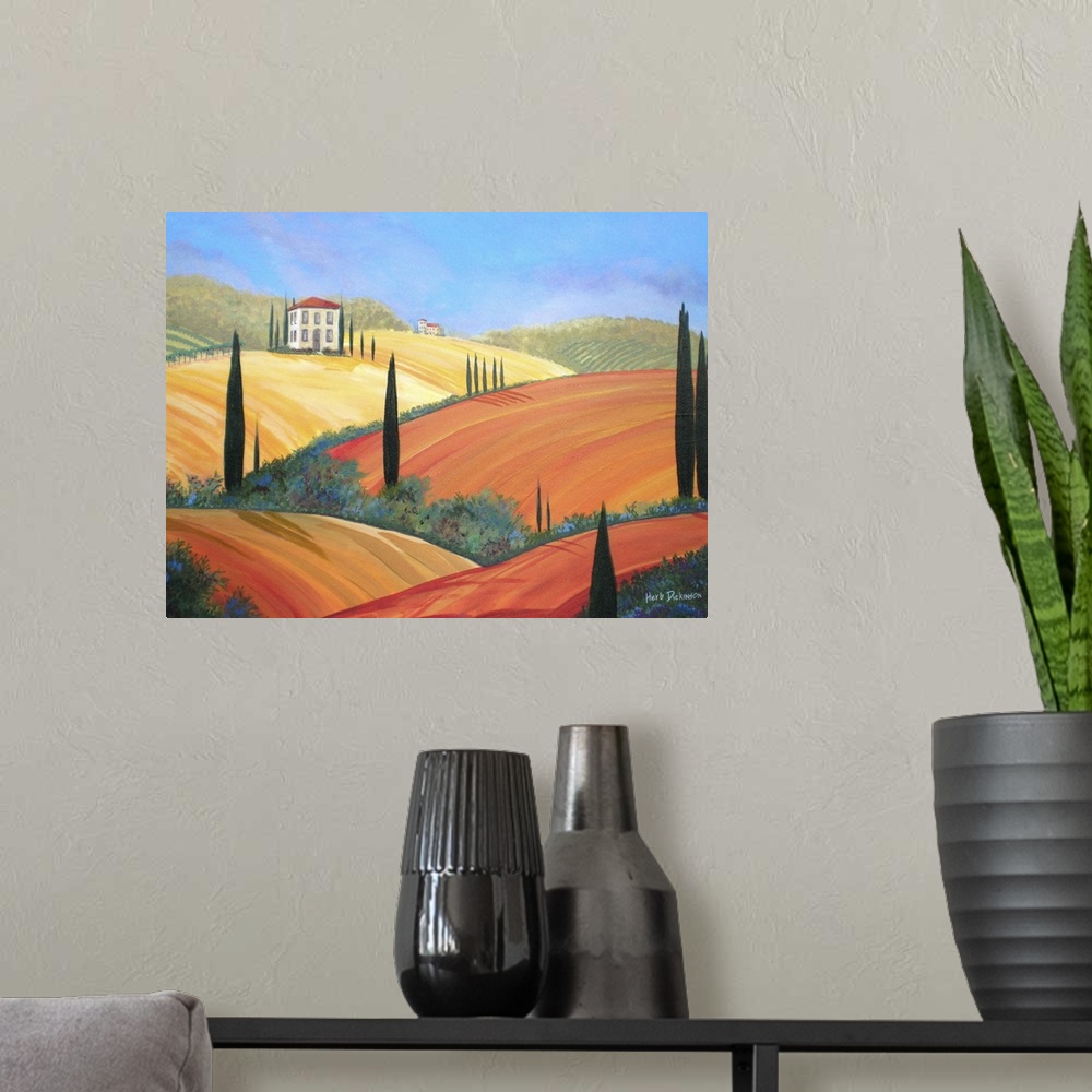 A modern room featuring Contemporary landscape painting of warm rolling hills in Tuscany, Italy.