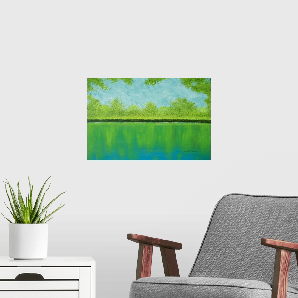 A modern room featuring Lake landscape painting in shades of blue and green with a clam lake reflecting the surrounding t...