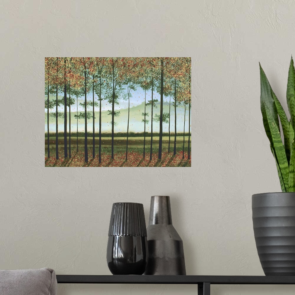 A modern room featuring Contemporary landscape painting with Autumn trees in the foreground and faint silhouetted Smoky M...