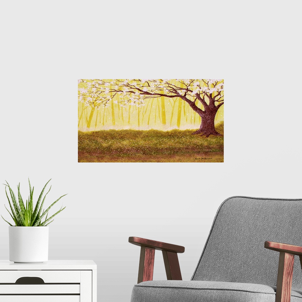 A modern room featuring Horizontal landscape painting with a Spring tree covered in white blossoms with a golden forest i...