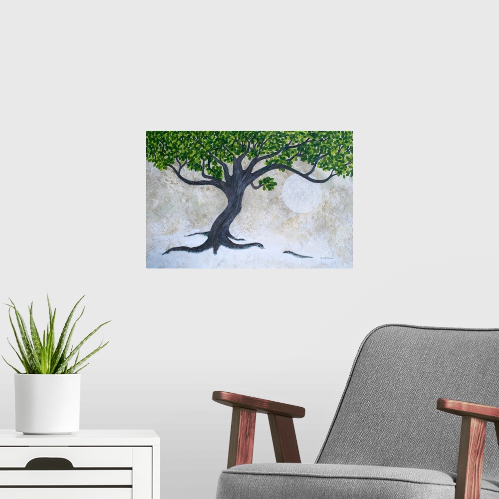 A modern room featuring Painting of a tree with fresh green leaves on a neutral colored background with a large full moon...