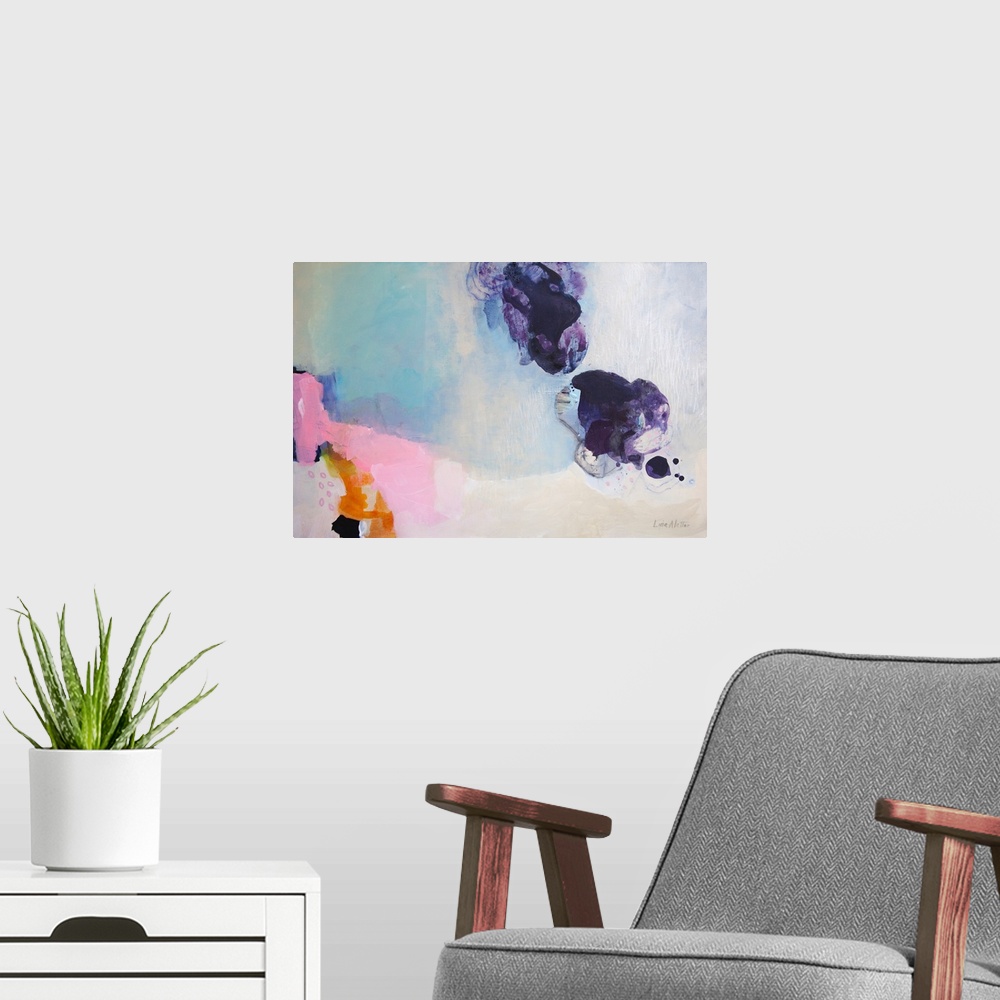 A modern room featuring A horizontal abstract painting with colors of purple, pink and blue.
