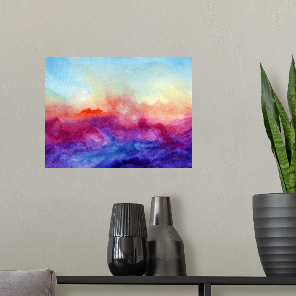 A modern room featuring A horizontal abstract watercolor painting in brilliant colors of purple, red and blue.