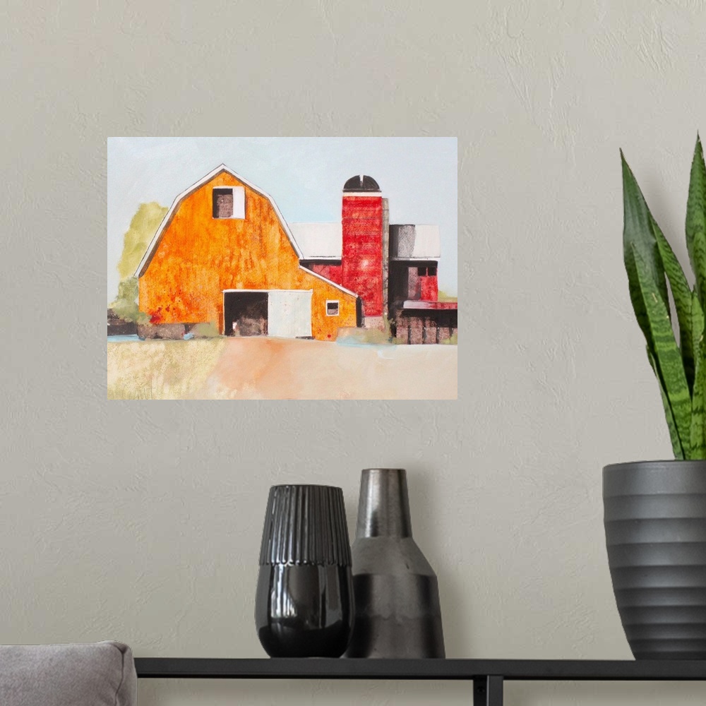 A modern room featuring A contemporary watercolor painting of a barn.