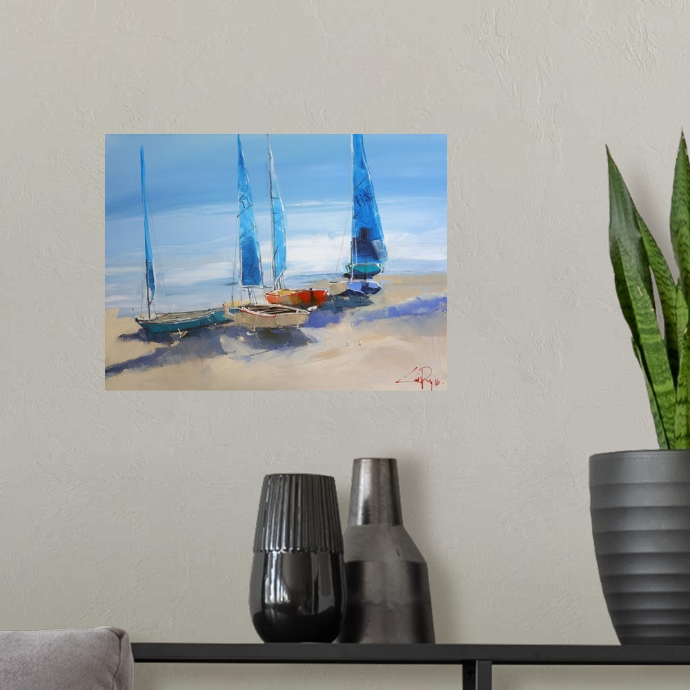 A modern room featuring A contemporary painting of four sailboats on the beach next to the water.