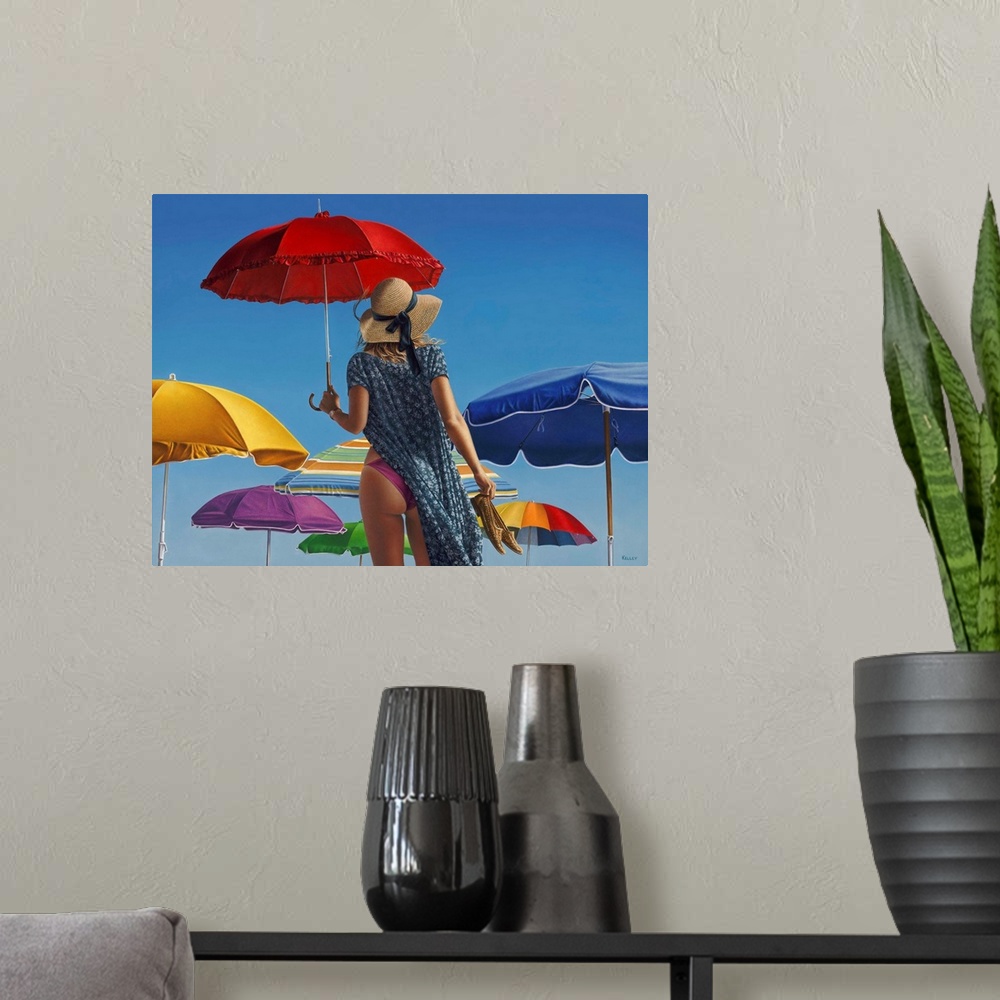 A modern room featuring A contemporary painting of a woman standing with beach canopies and holding a red umbrella.
