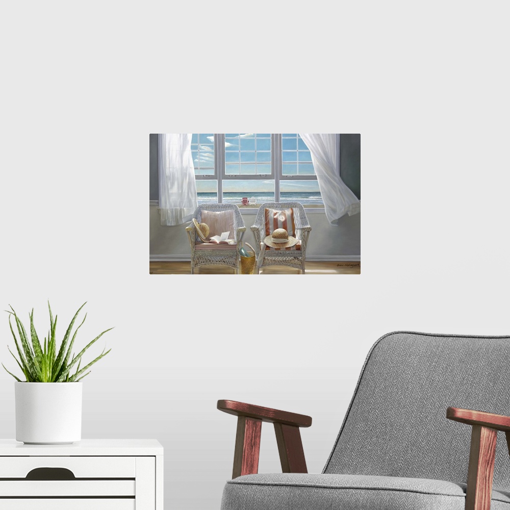 A modern room featuring Contemporary painting of two chairs sitting in a sunlit room, with an open window and drapes bein...