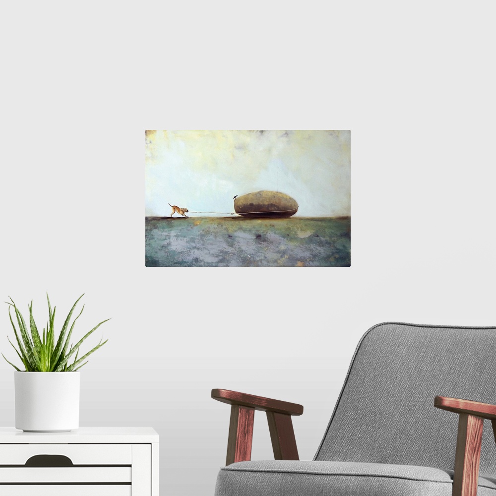 A modern room featuring Contemporary surrealist painting of a dog trying to pull a boulder with a rope.