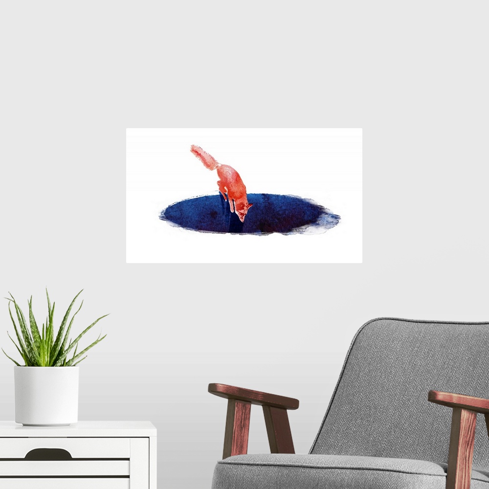 A modern room featuring Contemporary artwork featuring a red fox leaping into a blue hole.