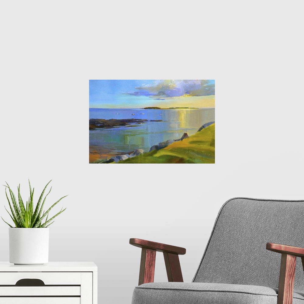 A modern room featuring Contemporary landscape painting of a seascape at sunset.