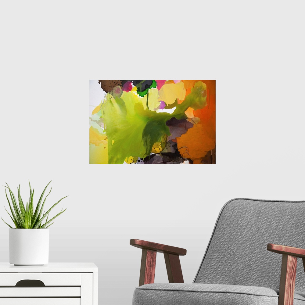 A modern room featuring Contemporary abstract painting with a leaf-like shape in the center surrounded by various colors.