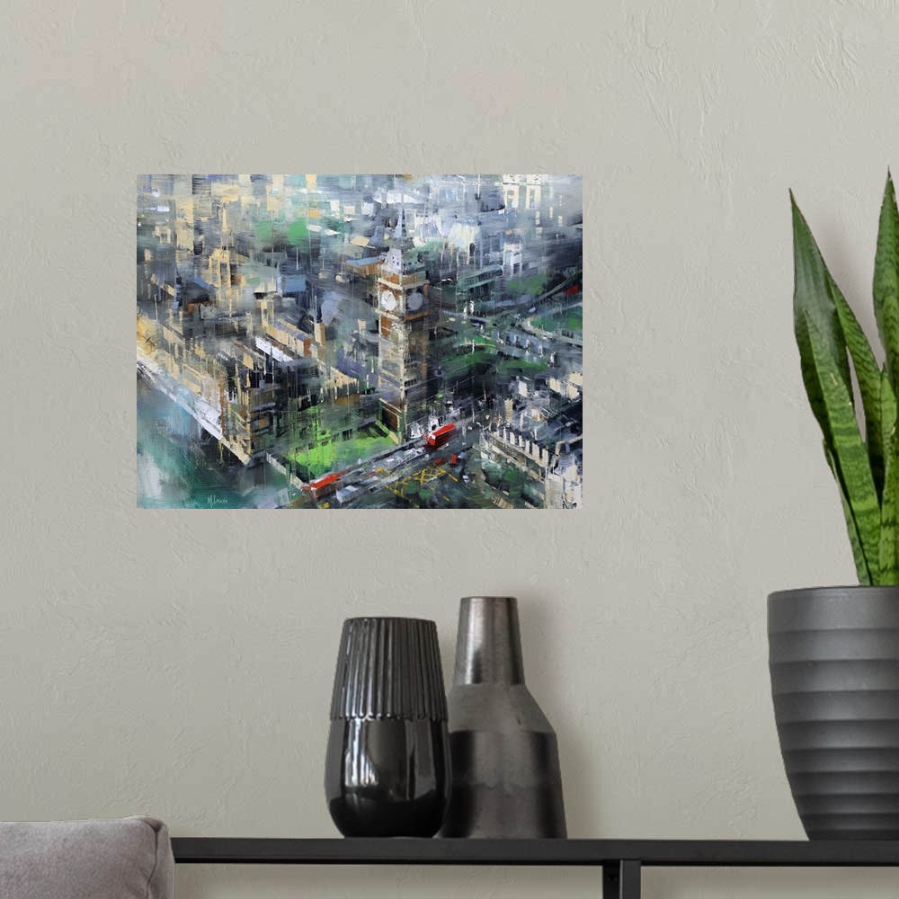 A modern room featuring Contemporary painting of Big Ben and the Houses of Parliament in London, seen from above.