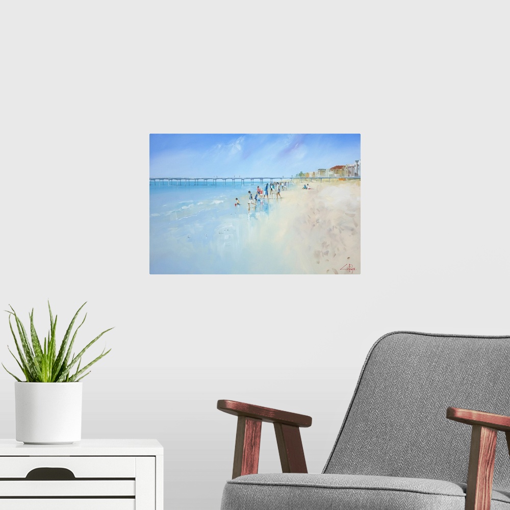 A modern room featuring Painting of people playing in the ocean at low tide.
