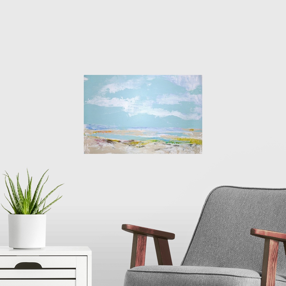 A modern room featuring Abstract beachscape painted in muted colors.