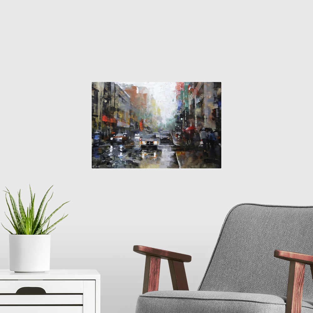 A modern room featuring Contemporary painting of a bustling urban city street scene with cars and people.