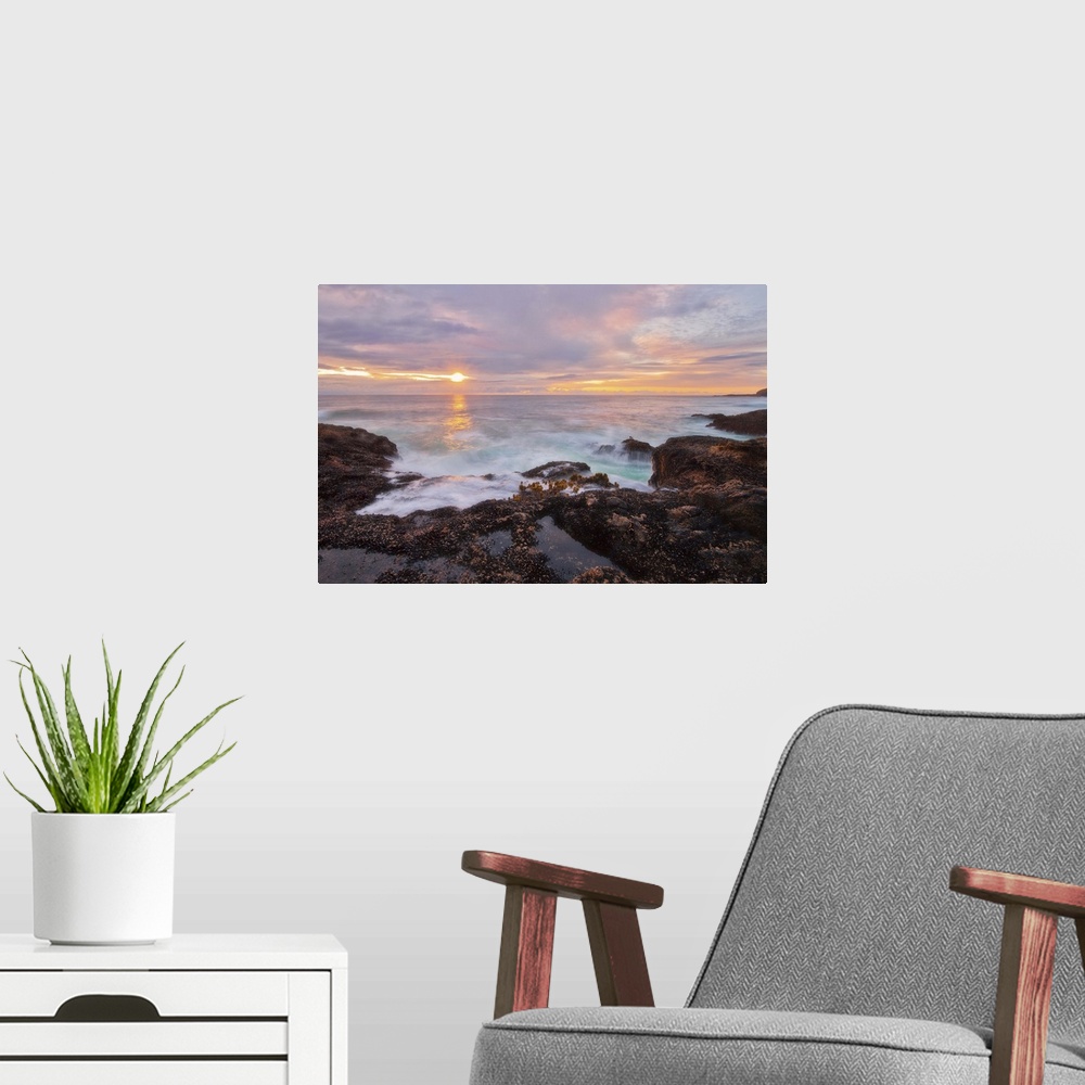 A modern room featuring A photograph of a seascape at sunset.