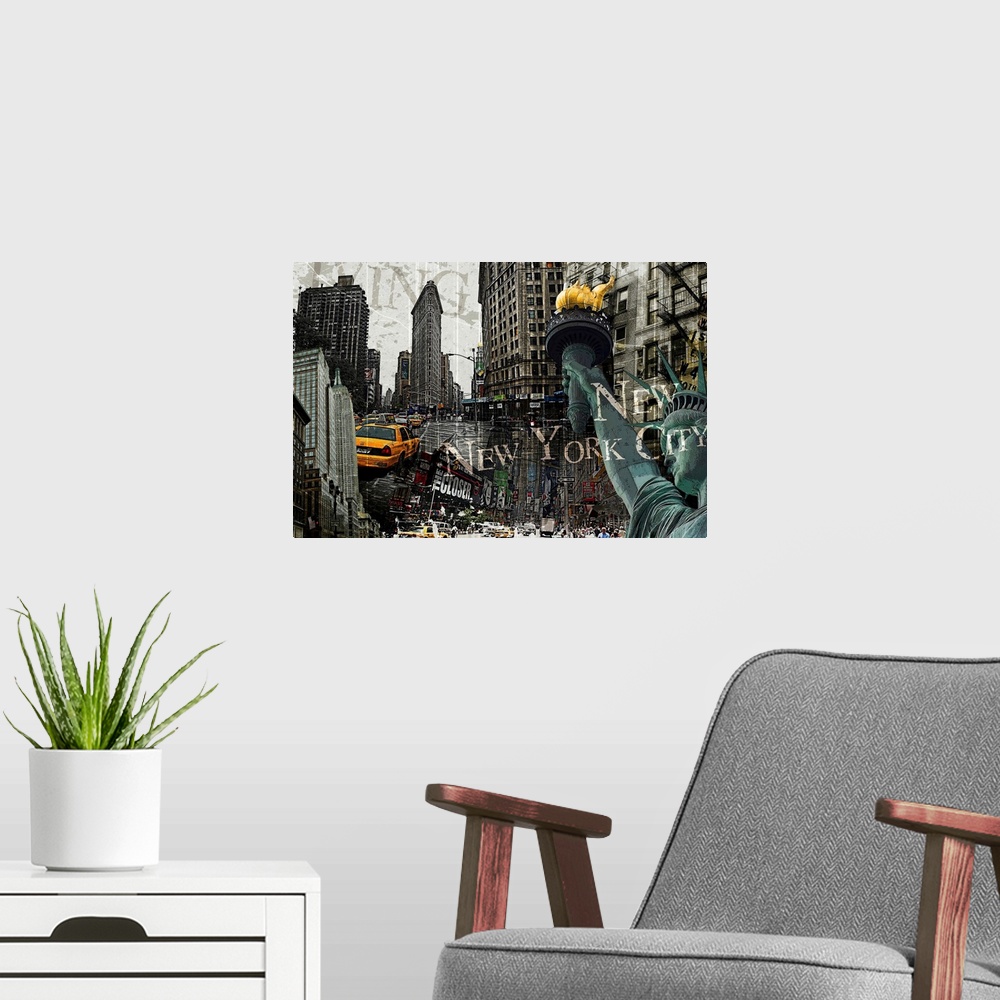 A modern room featuring Image composite of landmarks in New York City, including the Statue of Liberty and Times Square.