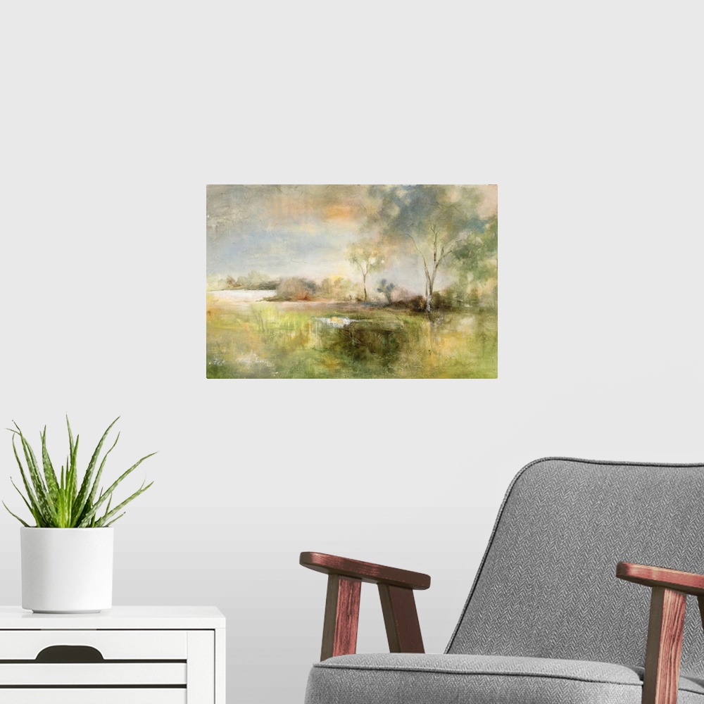 A modern room featuring Abstract landscape painting in muted green hues.