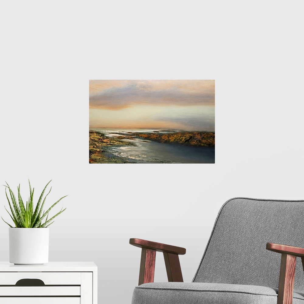 A modern room featuring Contemporary seascape painting in front of a pastel sunset.