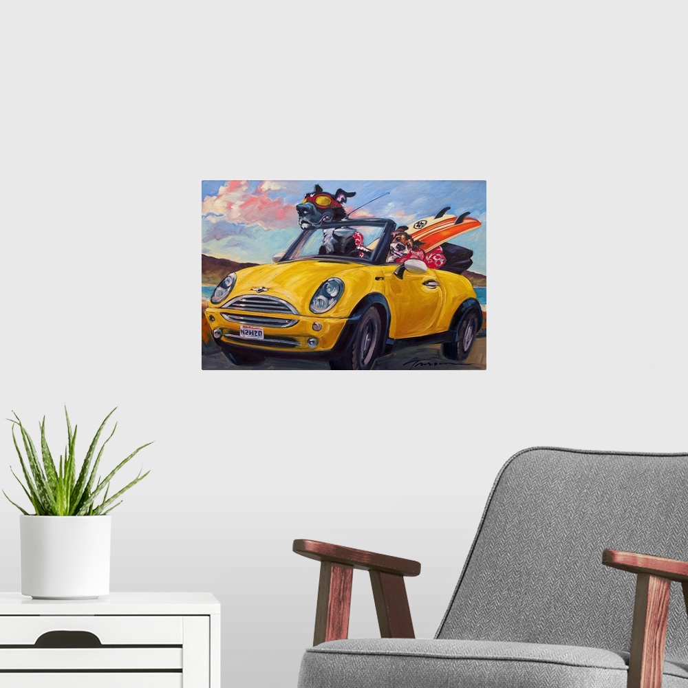 A modern room featuring Thick brush strokes create a humorous scene of dogs riding in a sporty car.