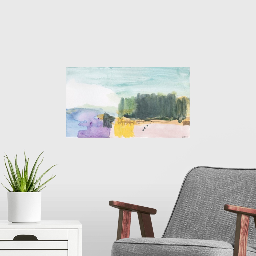 A modern room featuring Abstract watercolor landscape painting.