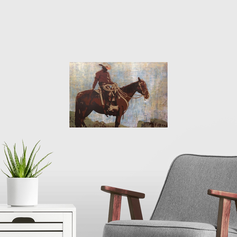 A modern room featuring Contemporary artwork of a cowboy on a horse.
