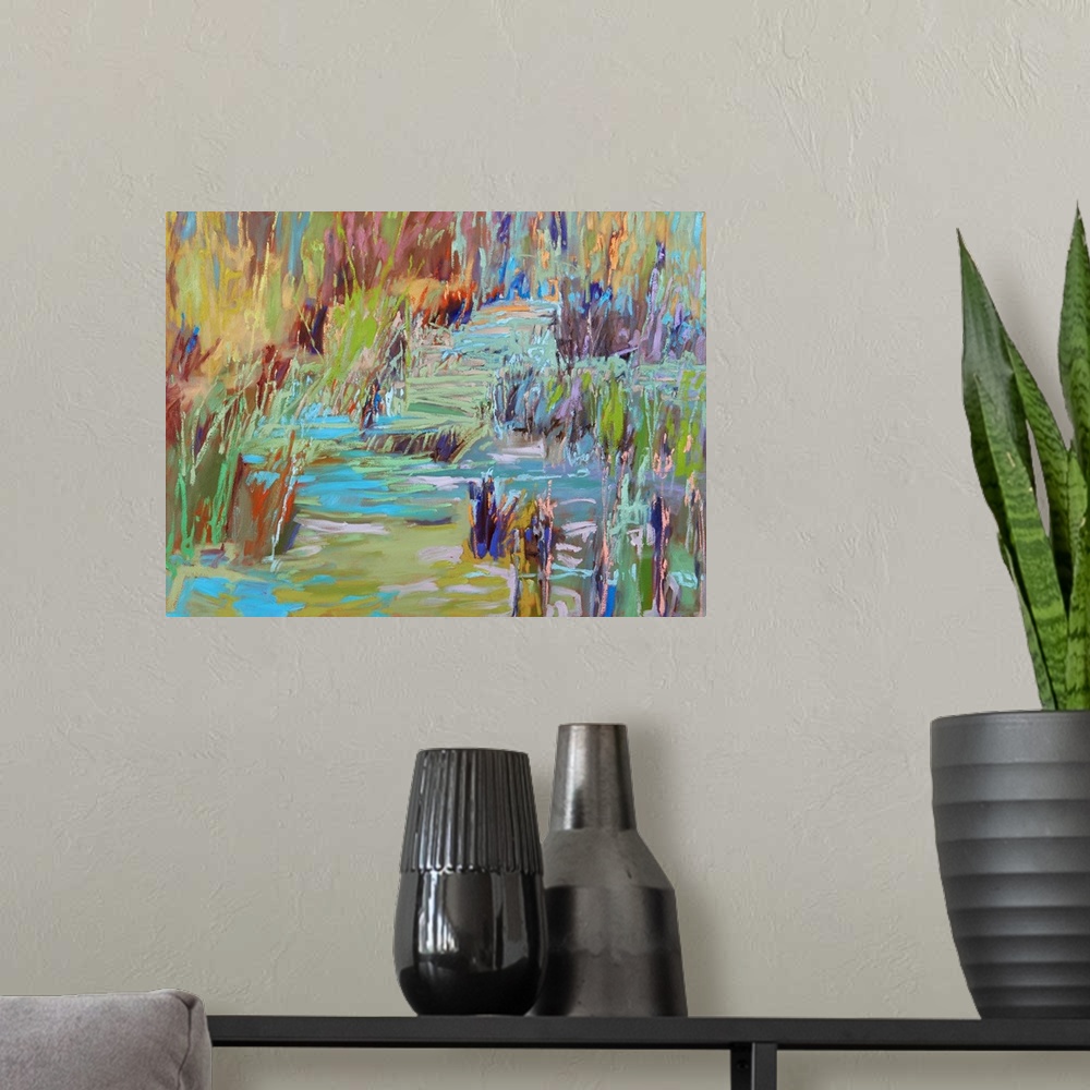 A modern room featuring A horizontal abstract landscape of brush strokes of vivid colors.