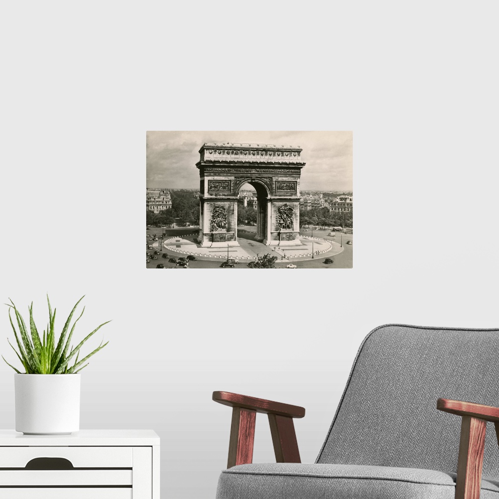 A modern room featuring Vintage postcard of the Arc de Triomphe in Paris, France.