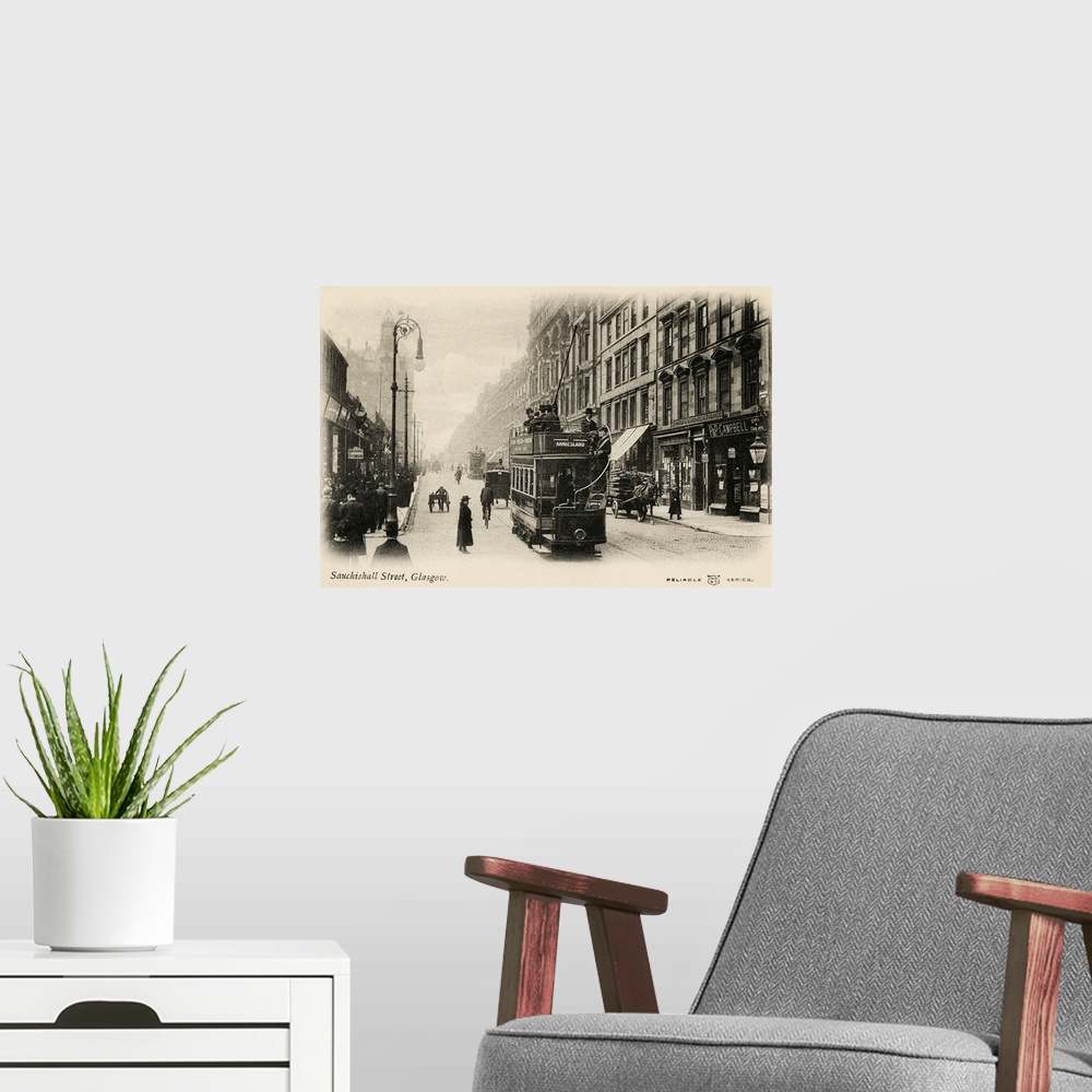 A modern room featuring Vintage postcard of a street in Glasgow, Scotland, with a trolley.