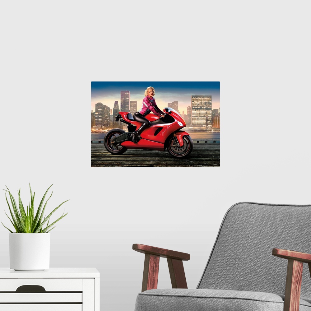 A modern room featuring Digital art painting of Marilyn Monroe, in full color, riding her motorcycle in the city by JJ Br...