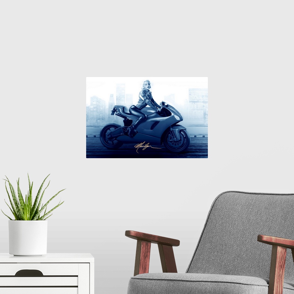 A modern room featuring Marilyn Monroe riding a new model motorcycle.