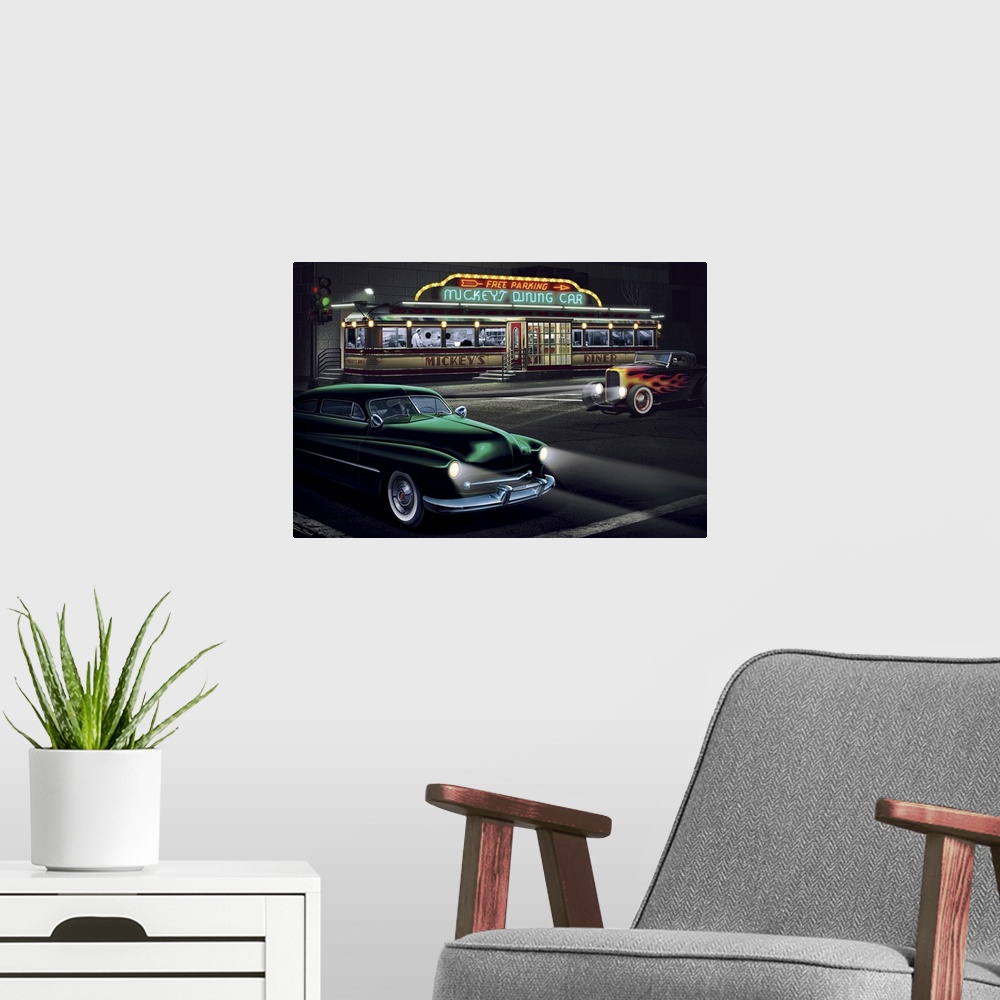 A modern room featuring Digital art painting of Mickey's Diner with racing hot rods by Helen Flint.