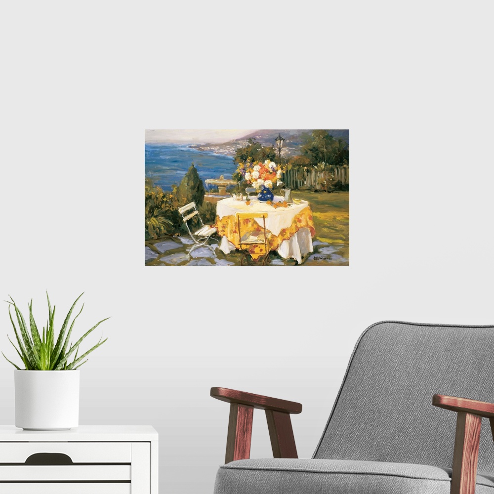 A modern room featuring Fine art oil painting landscape of a seaside cobblestone terrace with a table for two complemente...