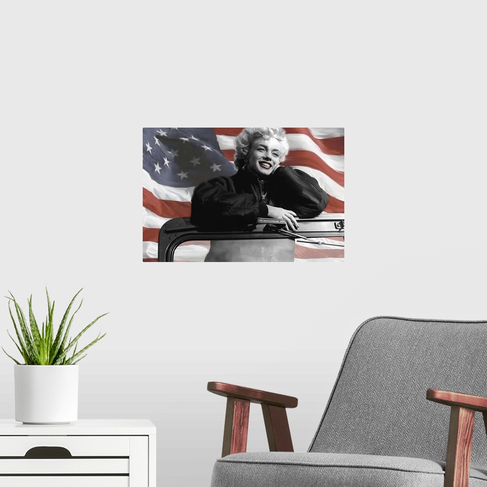 A modern room featuring Painting of Marilyn Monroe standing in a Jeep with the American Flag waving behind her.