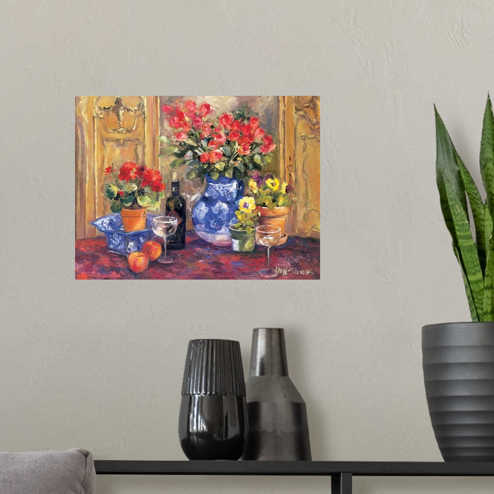 A modern room featuring Fine art oil painting still life of red roses, flowers, fruit and wine on a table by Allayn Stevens.