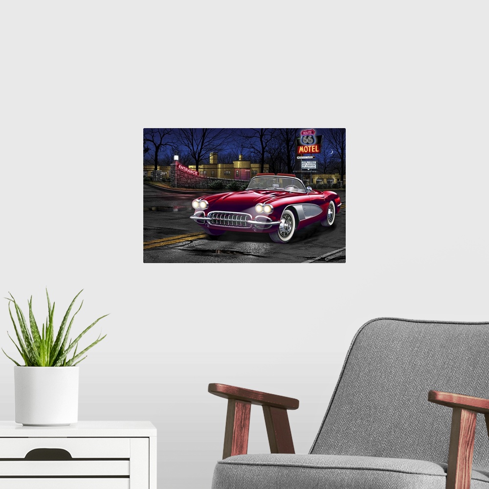 A modern room featuring Digital art painting of a classic red sportscar parked outside the Route 66 Motel by Helen Flint.