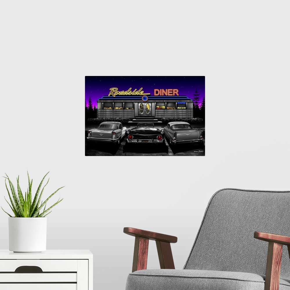 A modern room featuring Digital art painting of the Roadside Diner with hot rod cars parked outside by Helen Flint.
