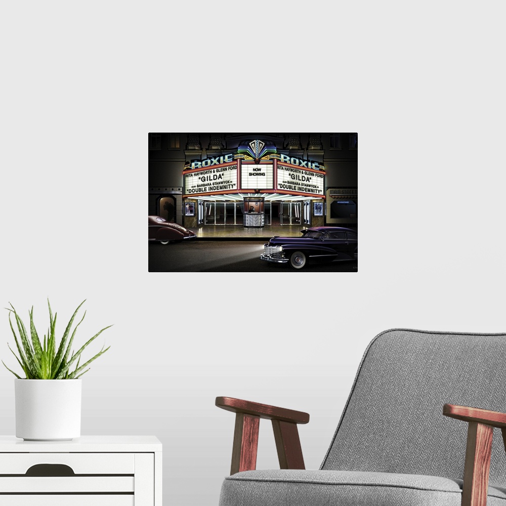A modern room featuring Digital art painting of the Roxie movie theater by Helen Flint.