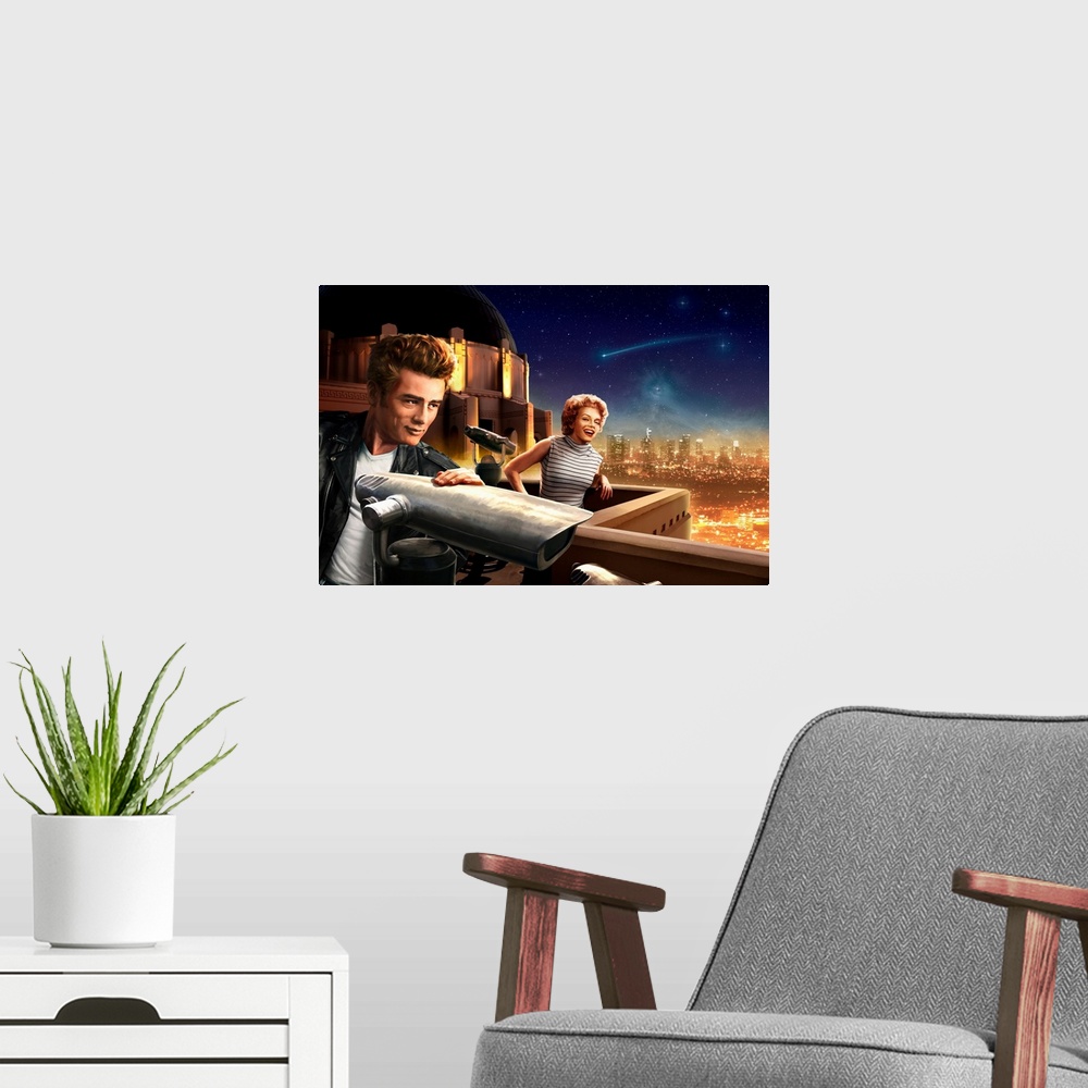 A modern room featuring Digital art painting of Marilyn and James Dean on a starry night  by JJ Brando.