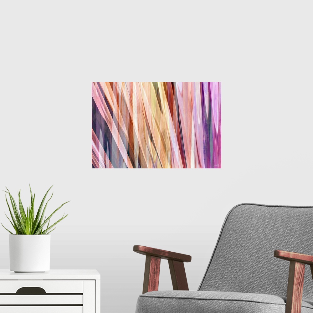 A modern room featuring A stream of sunlight moving through shifting bands of color.