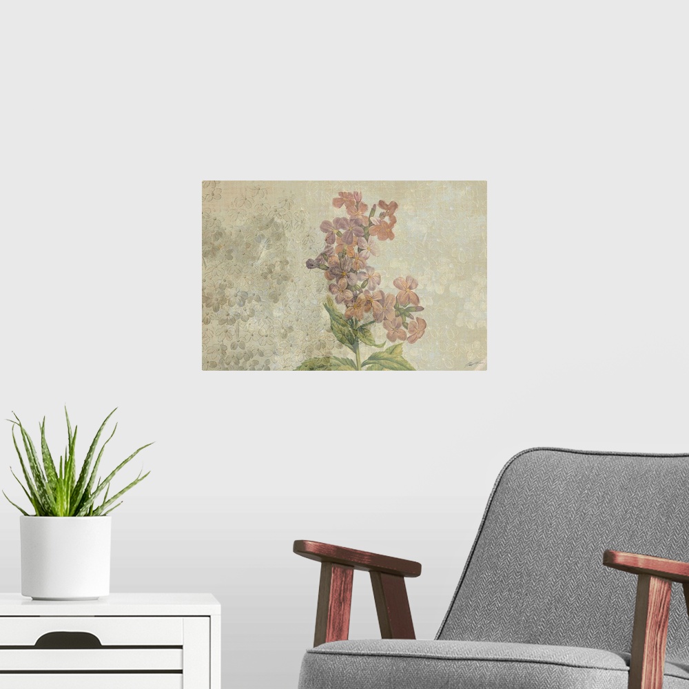 A modern room featuring Faded blossoms on a pastel linen canvas.