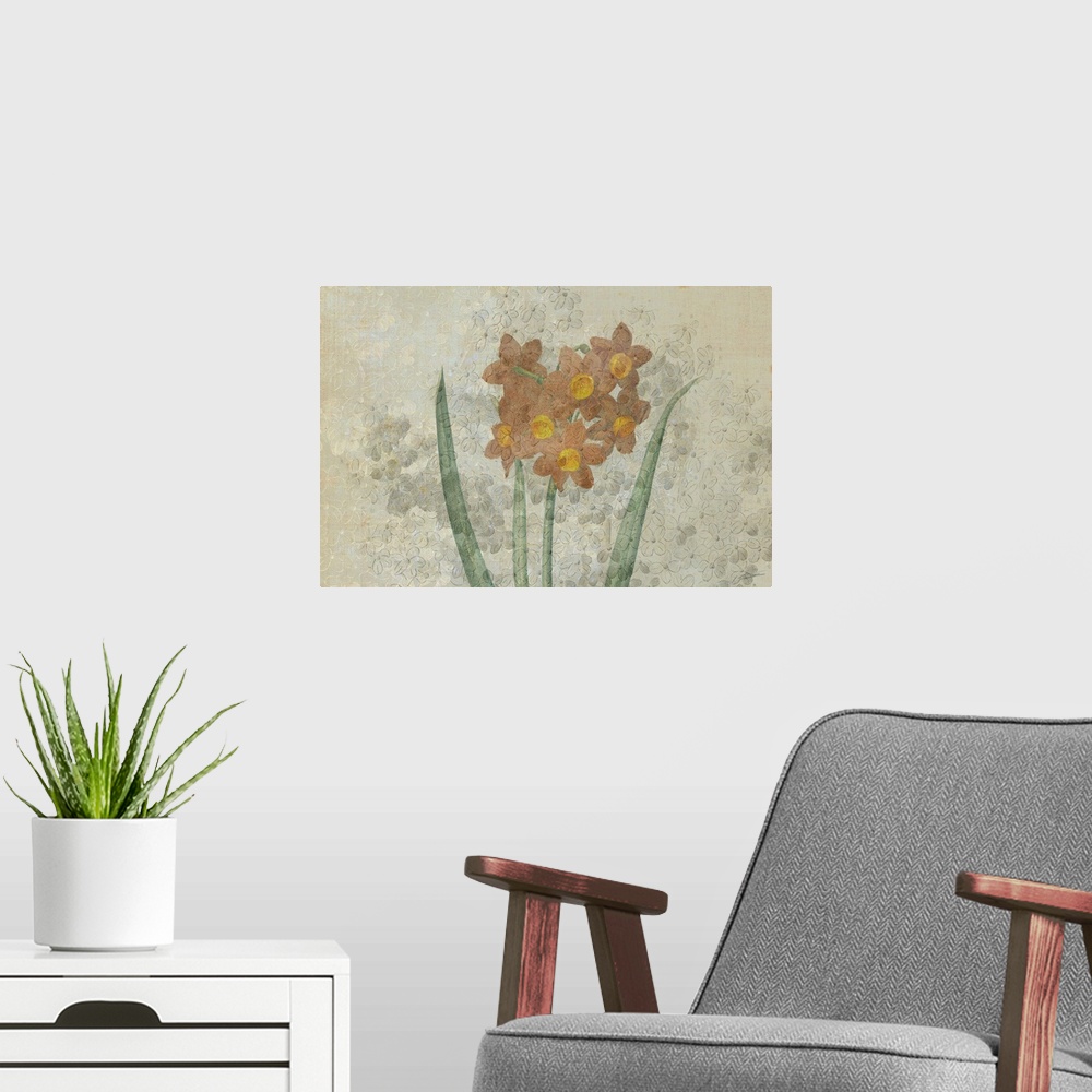A modern room featuring Faded blossoms on a pastel linen canvas.