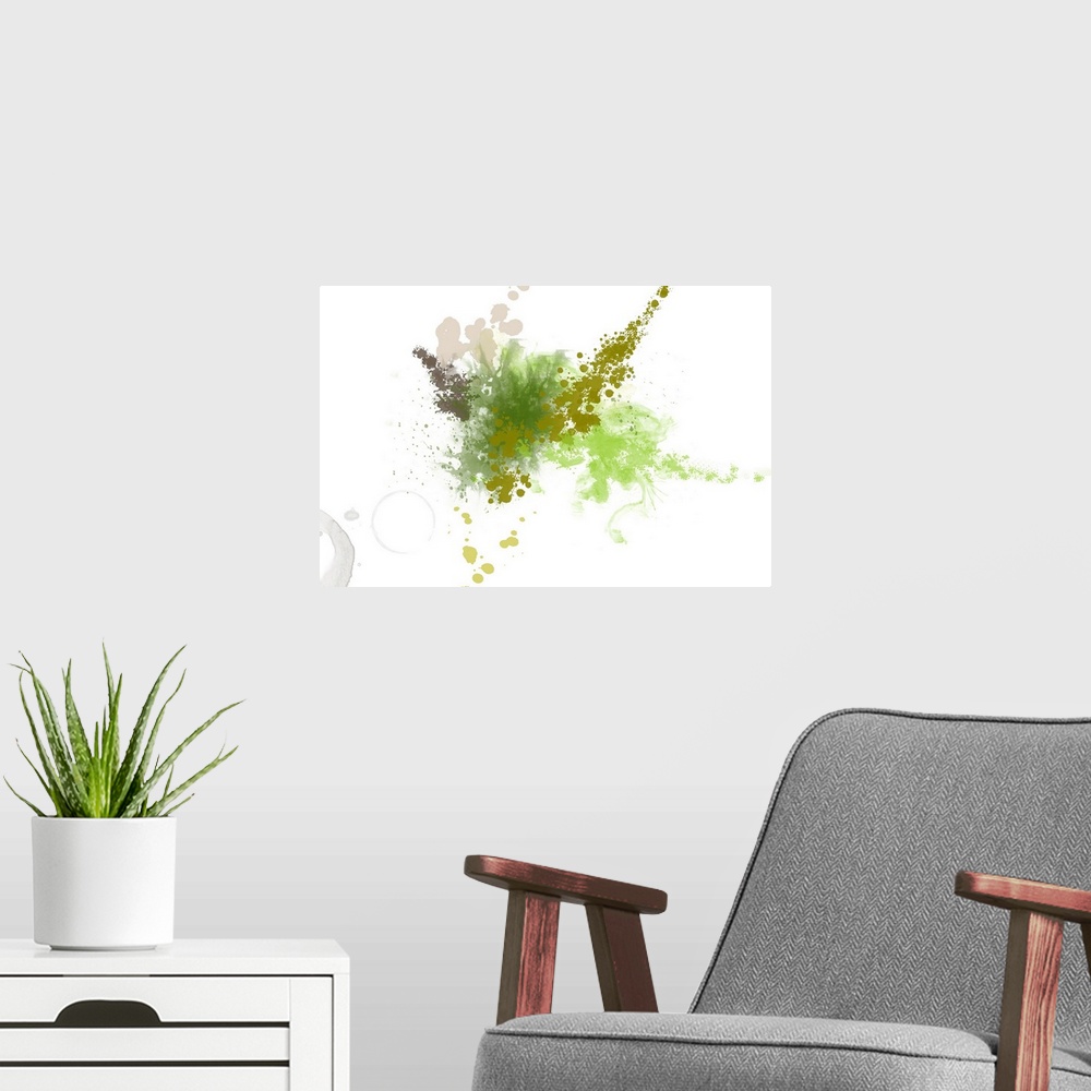 A modern room featuring Abstract digital art of paint splatters across a blank background.
