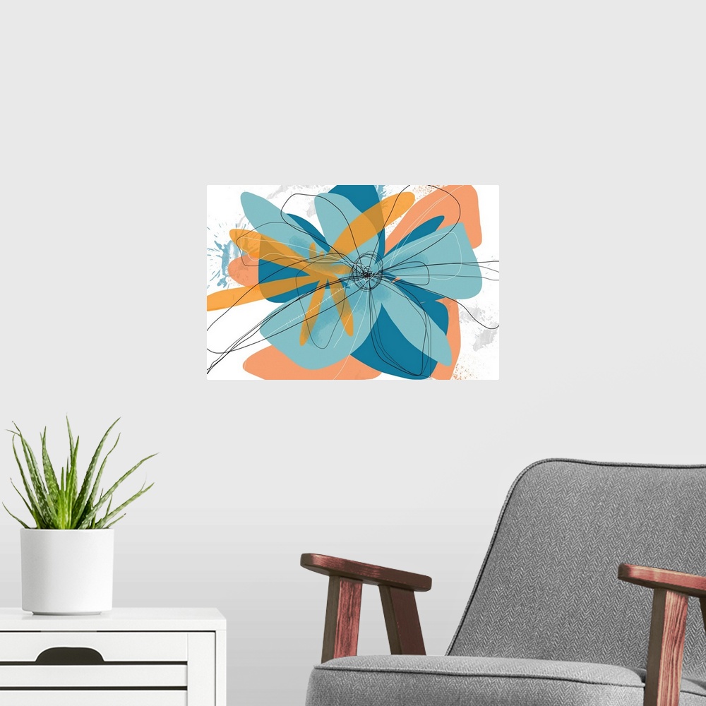 A modern room featuring A contemporary abstract of a flower with different shades of teal and orange  with squiggly black...