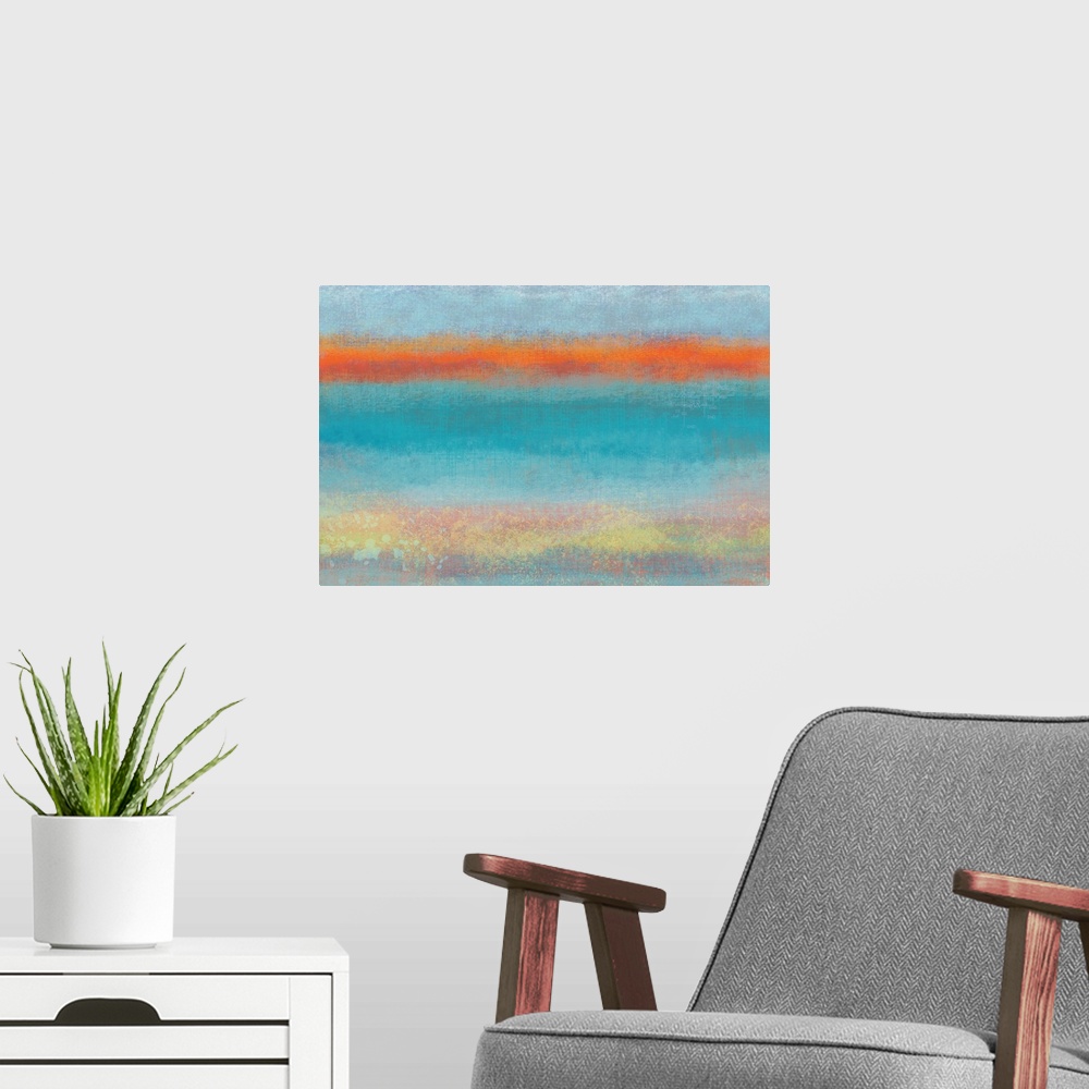 A modern room featuring Contemporary abstract painting of horizontal layers of blue and purple, separated by orange.